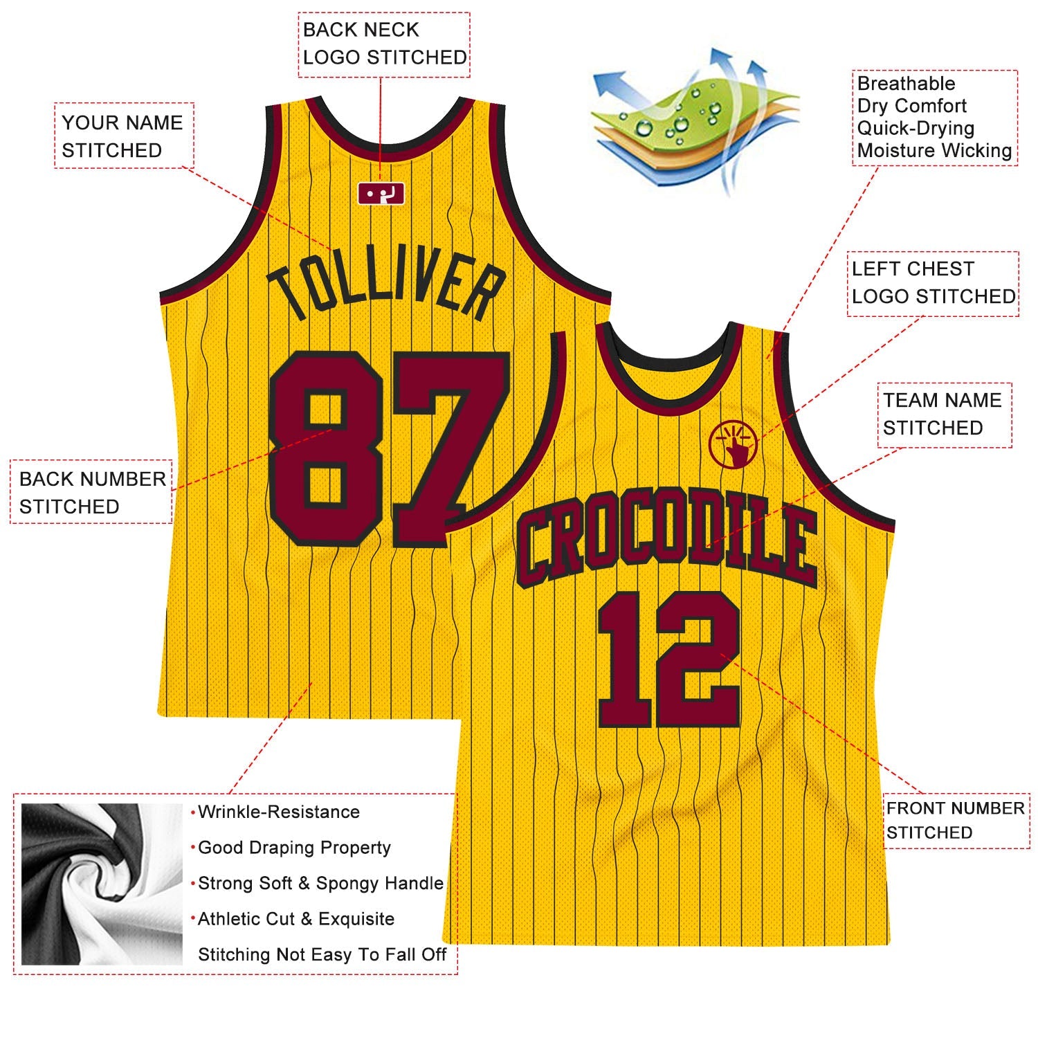 Custom Gold Black Pinstripe Maroon Authentic Basketball Jersey view 2