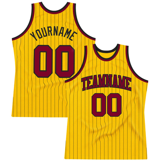Custom Gold Black Pinstripe Maroon Authentic Basketball Jersey - Main View