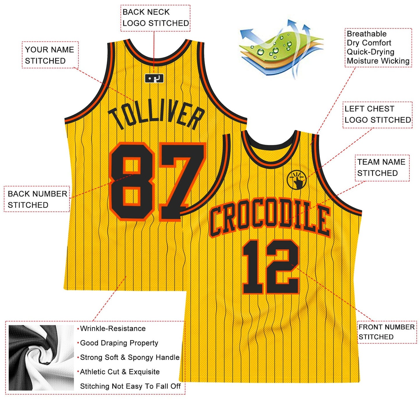 Custom Gold Black Pinstripe Black-Orange Authentic Basketball Jersey view 2