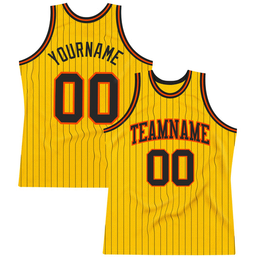Custom Gold Black Pinstripe Black-Orange Authentic Basketball Jersey - Main View