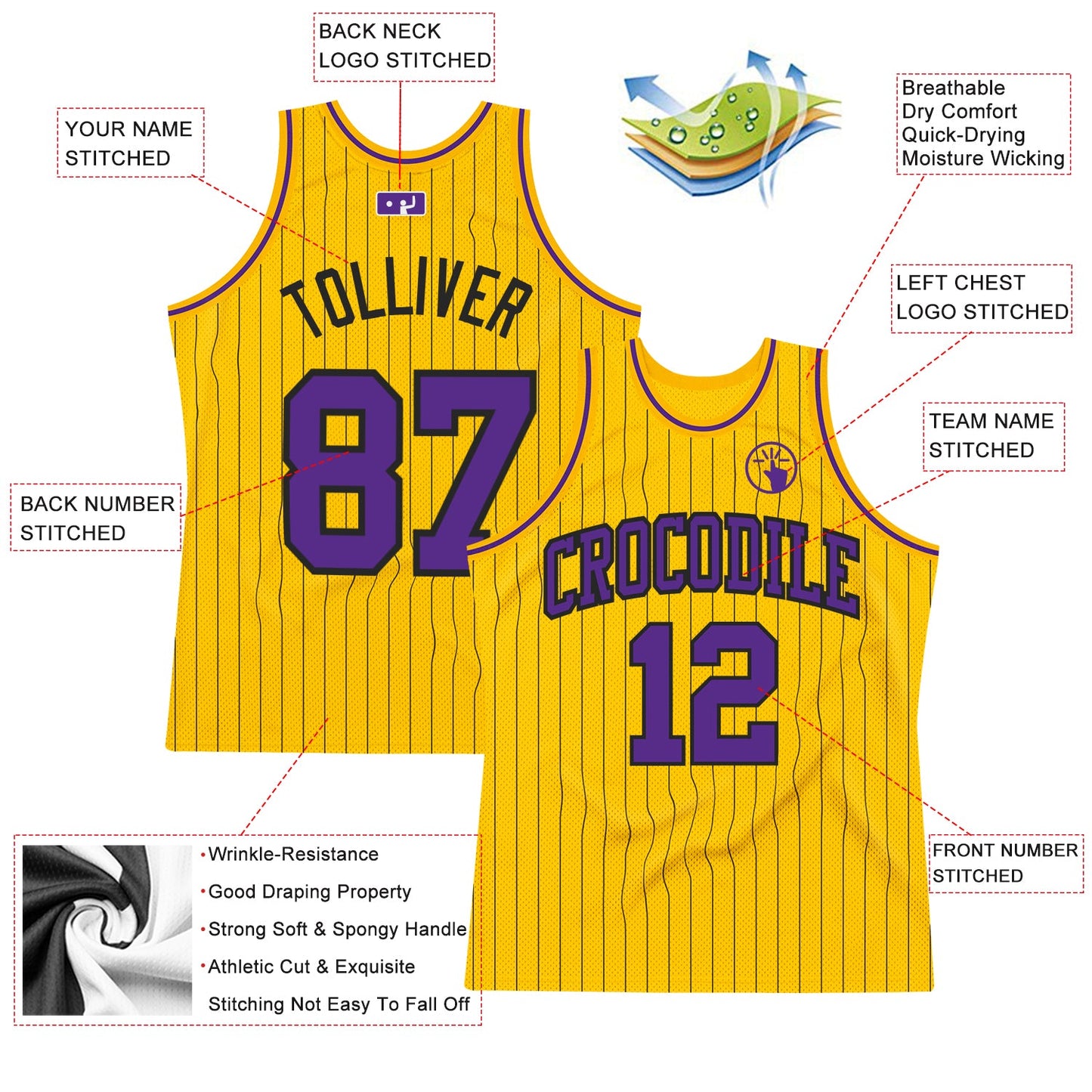 Custom Gold Black Pinstripe Purple Authentic Basketball Jersey view 2