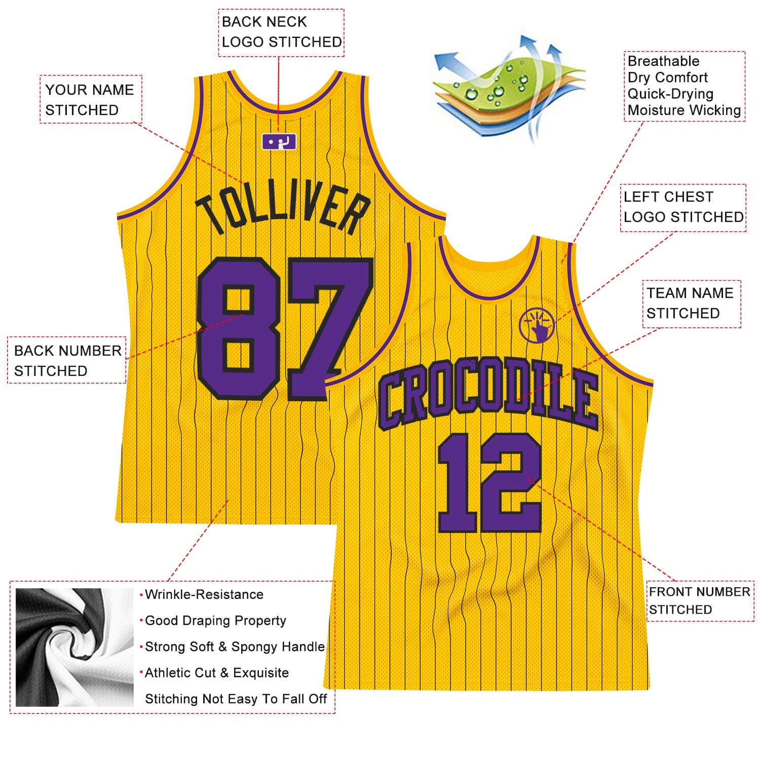 Custom Gold Black Pinstripe Purple Authentic Basketball Jersey view 2
