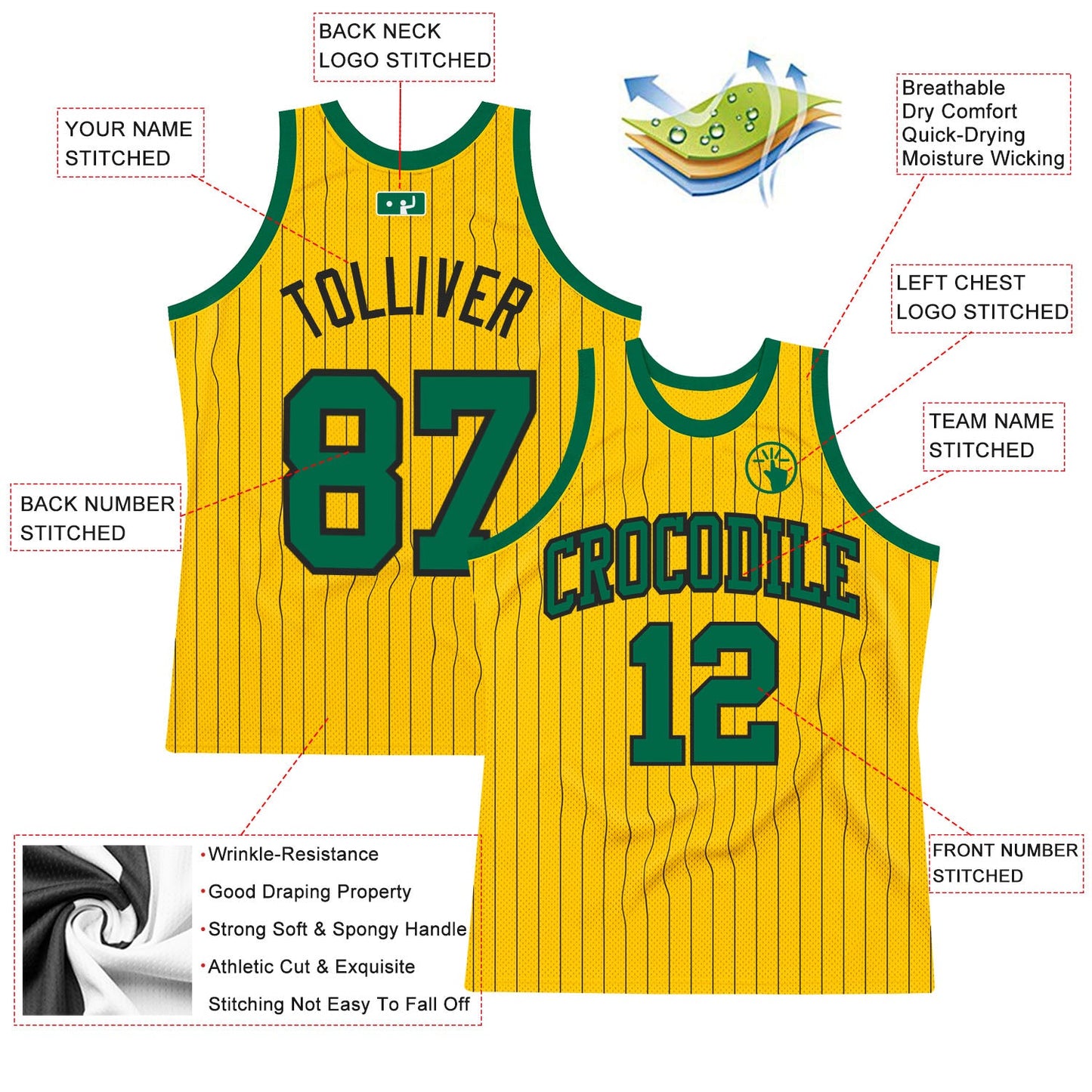 Custom Gold Black Pinstripe Kelly Green Authentic Basketball Jersey view 2