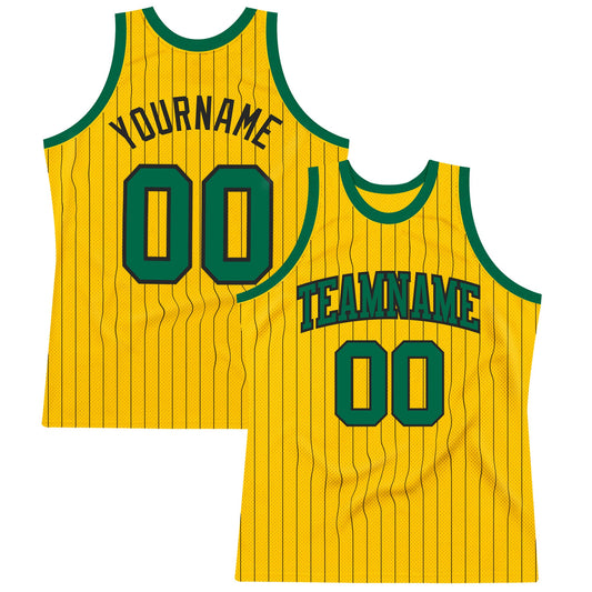 Custom Gold Black Pinstripe Kelly Green Authentic Basketball Jersey - Main View