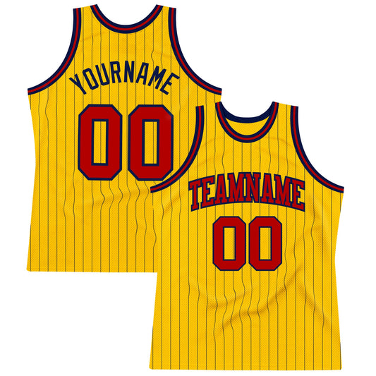 Custom Gold Navy Pinstripe Red Authentic Basketball Jersey - Main View