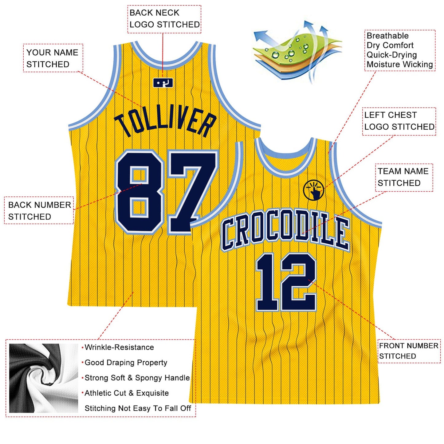 Custom Gold Navy Pinstripe Navy-Light Blue Authentic Basketball Jersey view 2