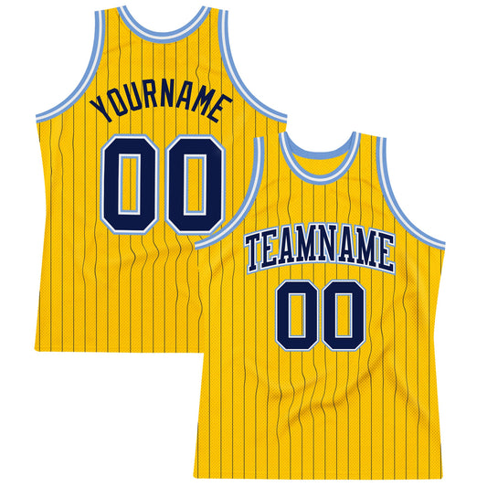 Custom Gold Navy Pinstripe Navy-Light Blue Authentic Basketball Jersey - Main View