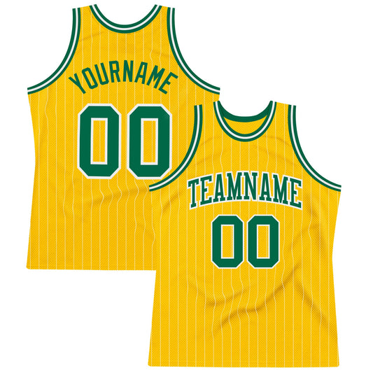 Custom Gold White Pinstripe Kelly Green Authentic Basketball Jersey - Main View