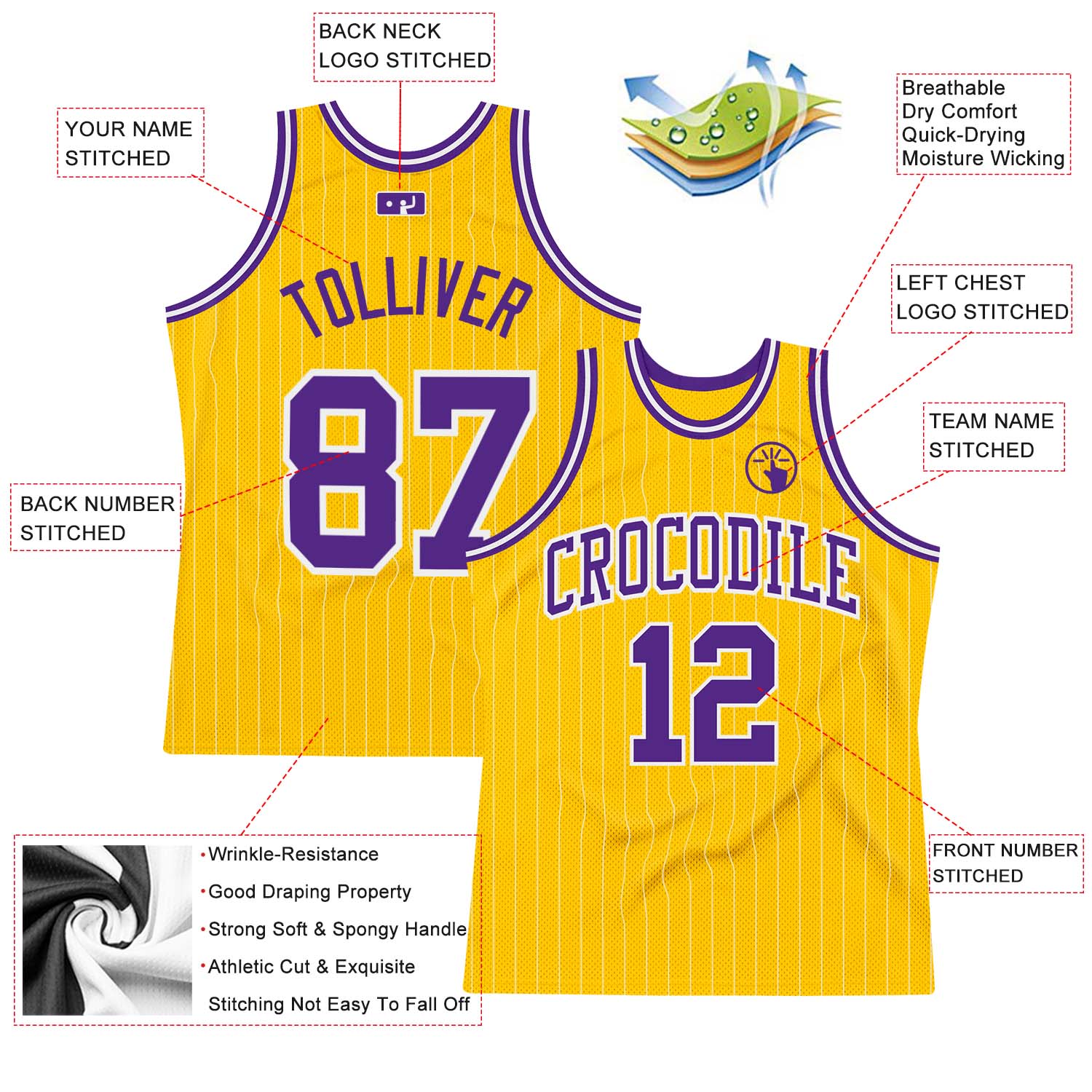 Custom Gold White Pinstripe Purple Authentic Basketball Jersey view 2