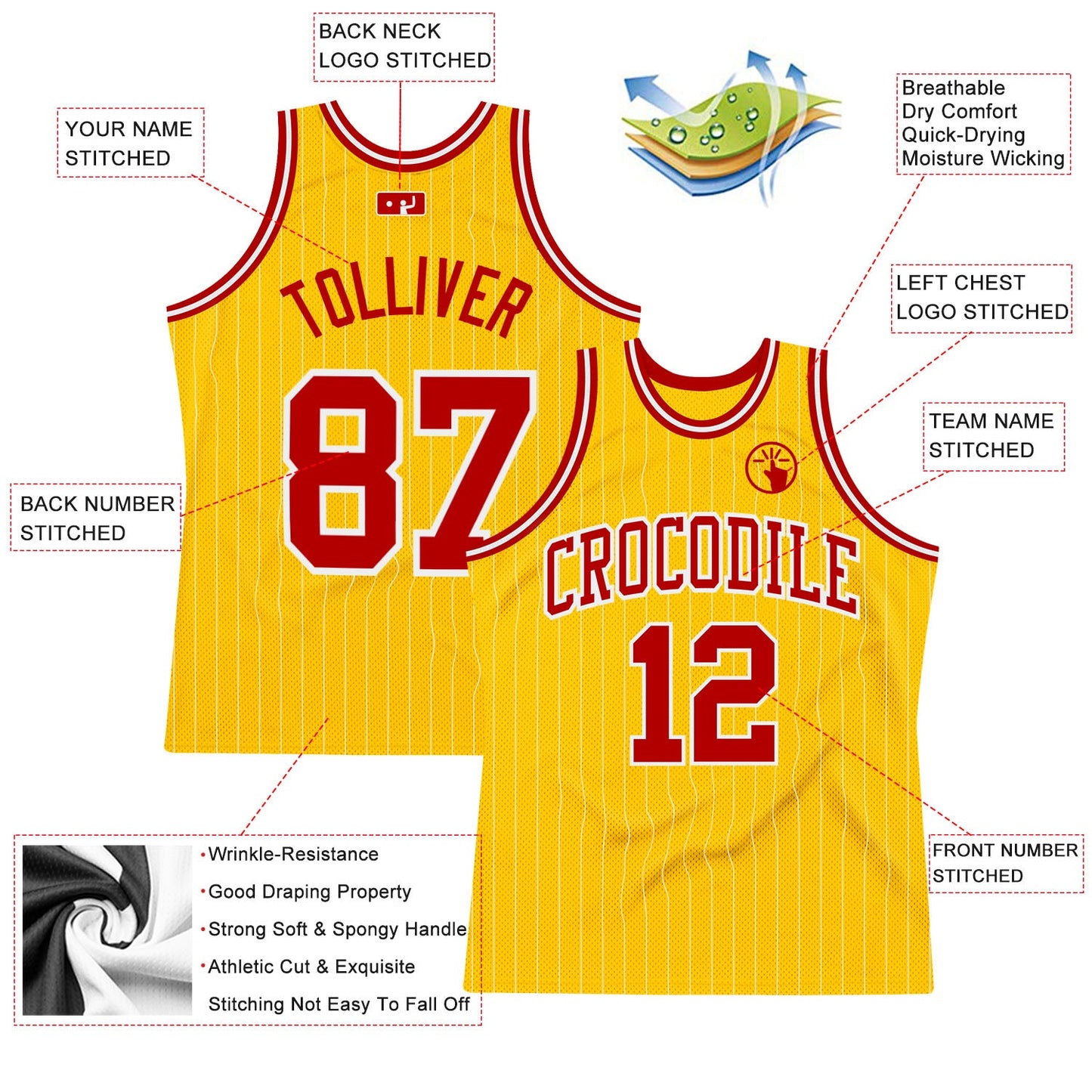Custom Gold White Pinstripe Red Authentic Basketball Jersey view 2