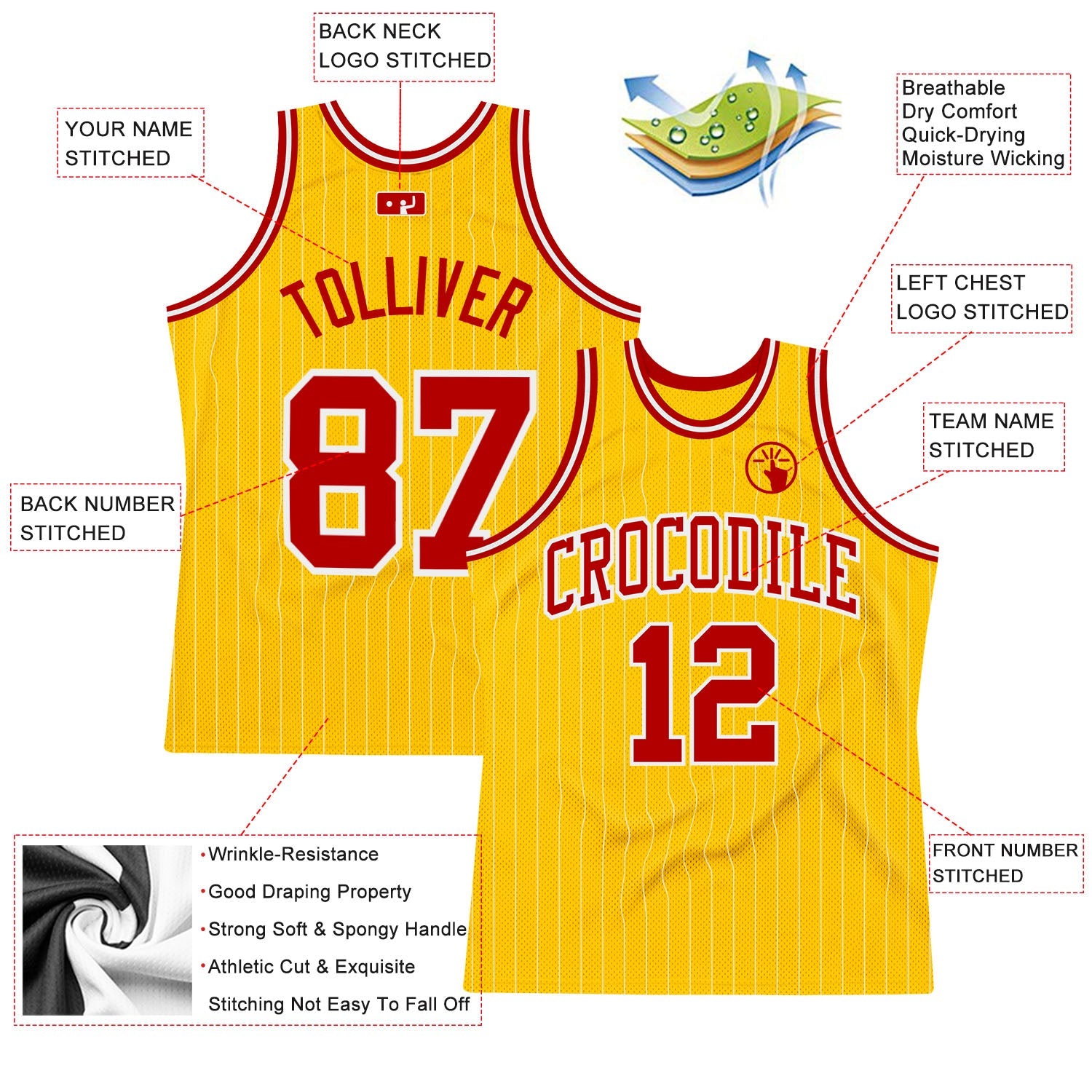 Custom Gold White Pinstripe Red Authentic Basketball Jersey view 2