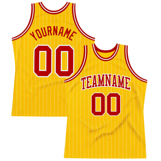Custom Gold White Pinstripe Red Authentic Basketball Jersey - Main View