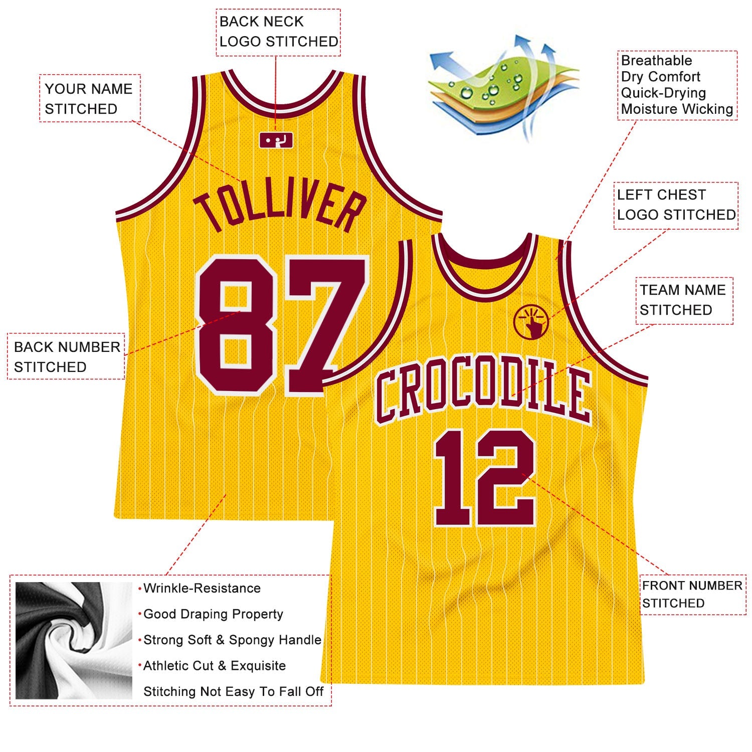 Custom Gold White Pinstripe Maroon Authentic Basketball Jersey view 2