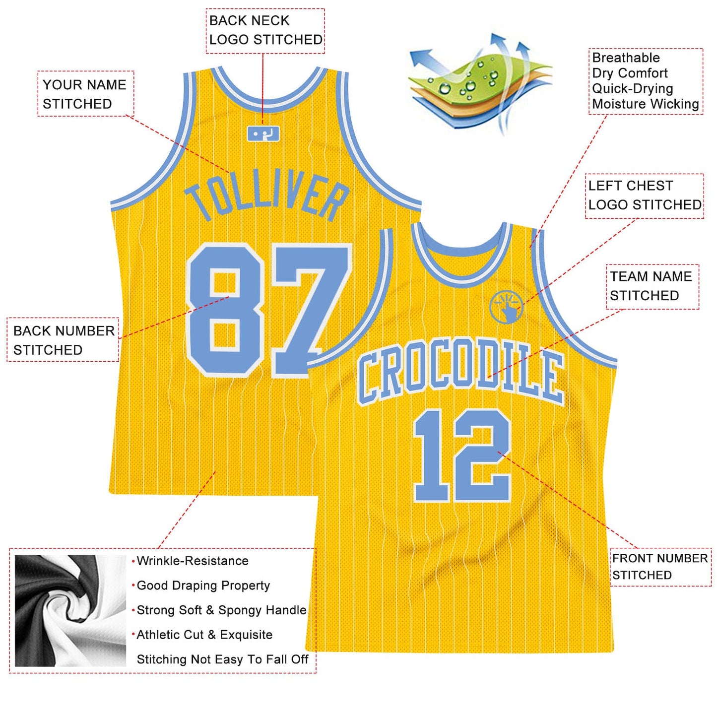 Custom Gold White Pinstripe Light Blue Authentic Basketball Jersey view 2