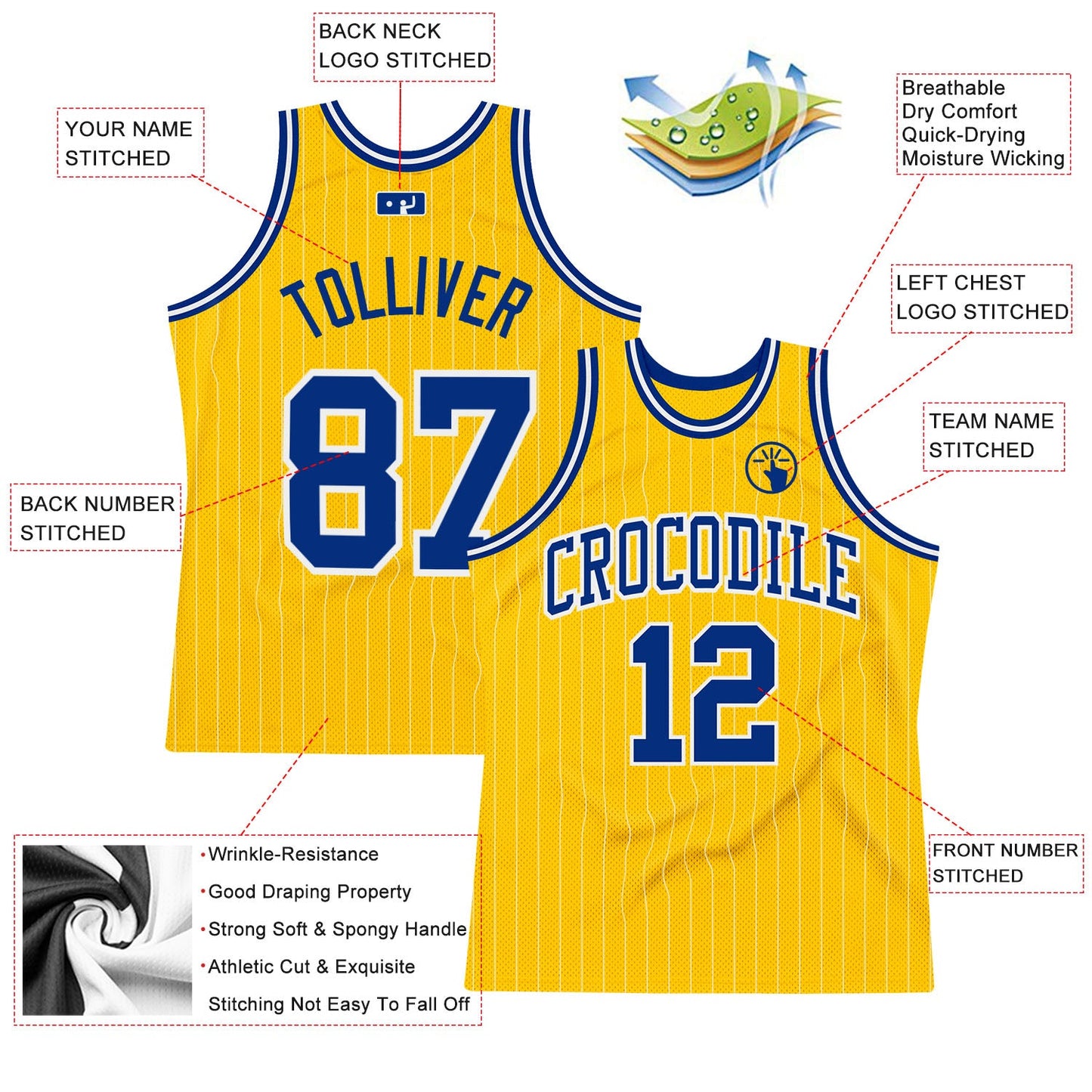 Custom Gold White Pinstripe Royal Authentic Basketball Jersey view 2