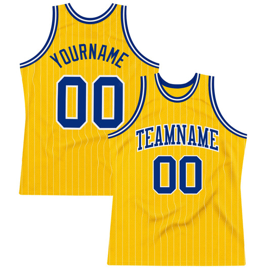 Custom Gold White Pinstripe Royal Authentic Basketball Jersey - Main View