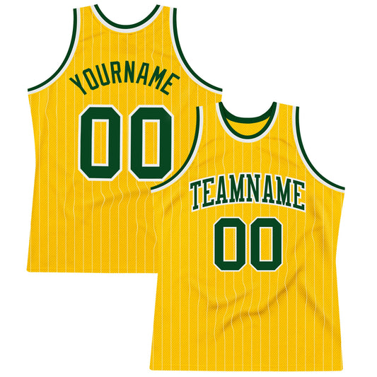 Custom Gold White Pinstripe Green Authentic Basketball Jersey - Main View