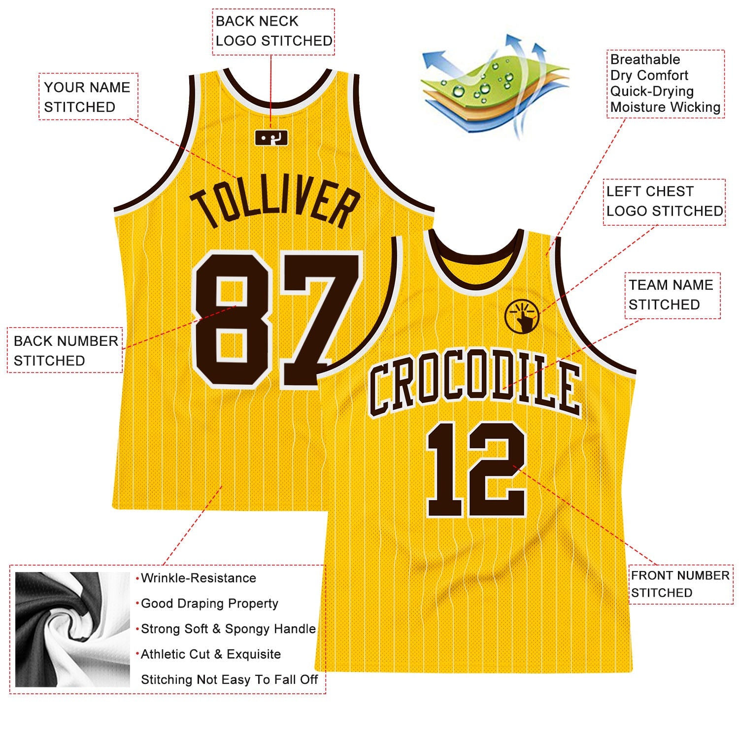 Custom Gold White Pinstripe Brown Authentic Basketball Jersey view 2