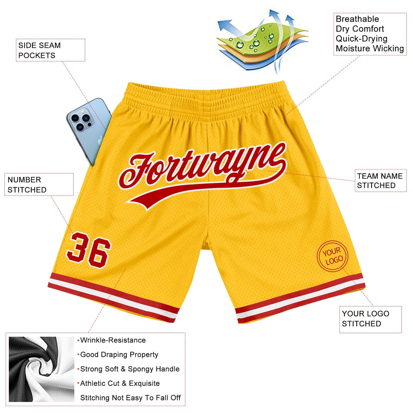 Custom Gold Red-White Authentic Throwback Basketball Shorts view 2