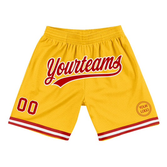 Custom Gold Red-White Authentic Throwback Basketball Shorts - Main View
