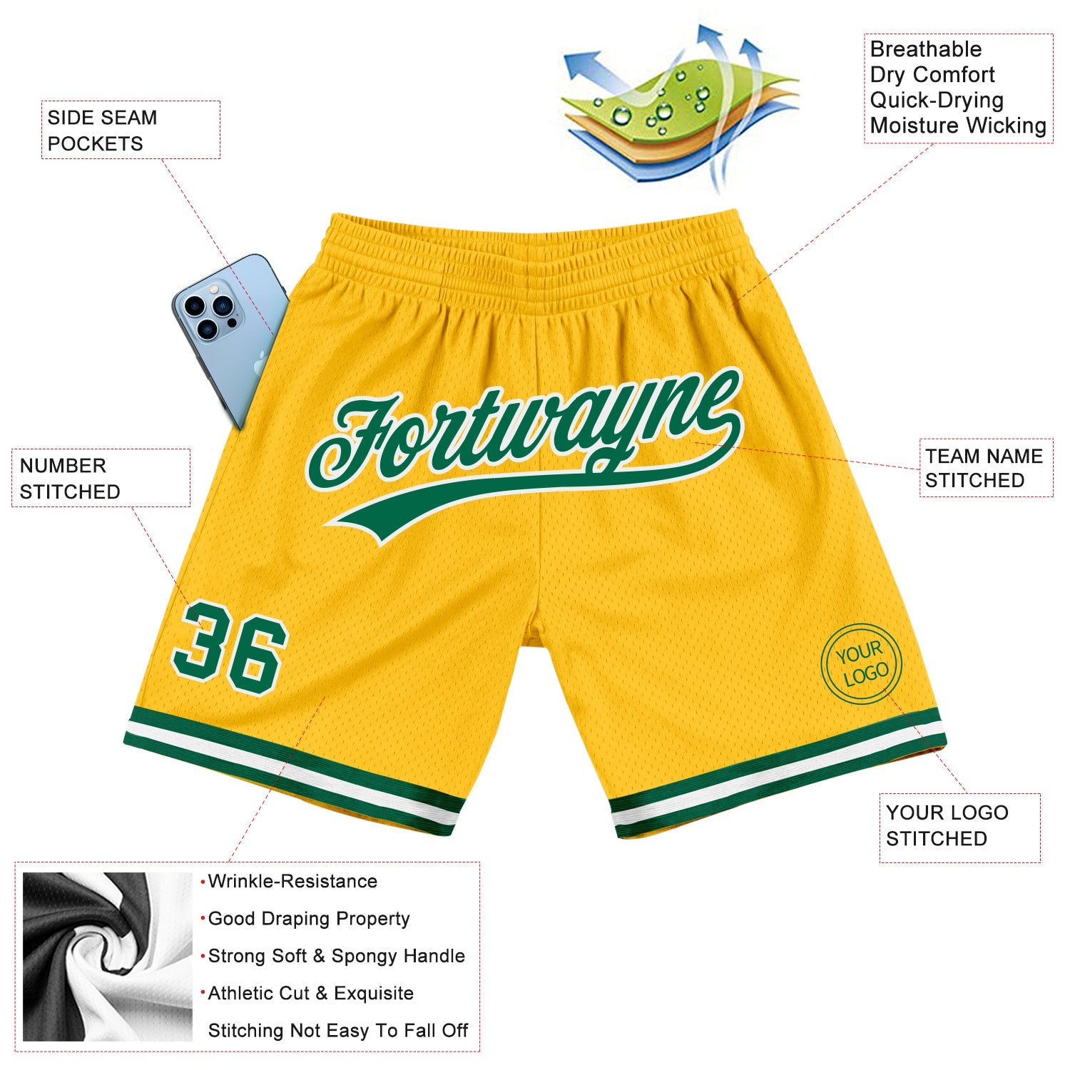 Custom Gold Kelly Green-White Authentic Throwback Basketball Shorts view 2