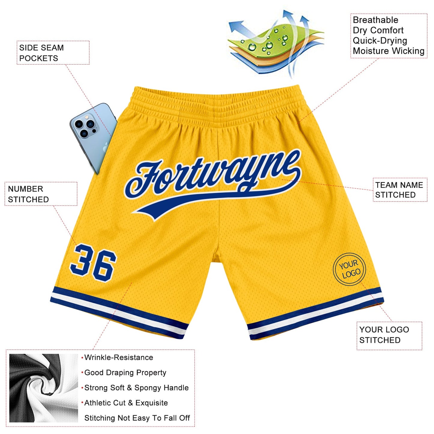 Custom Gold Royal-White Authentic Throwback Basketball Shorts view 2