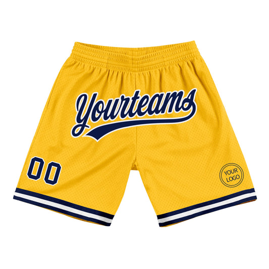 Custom Gold Navy-White Authentic Throwback Basketball Shorts - Main View