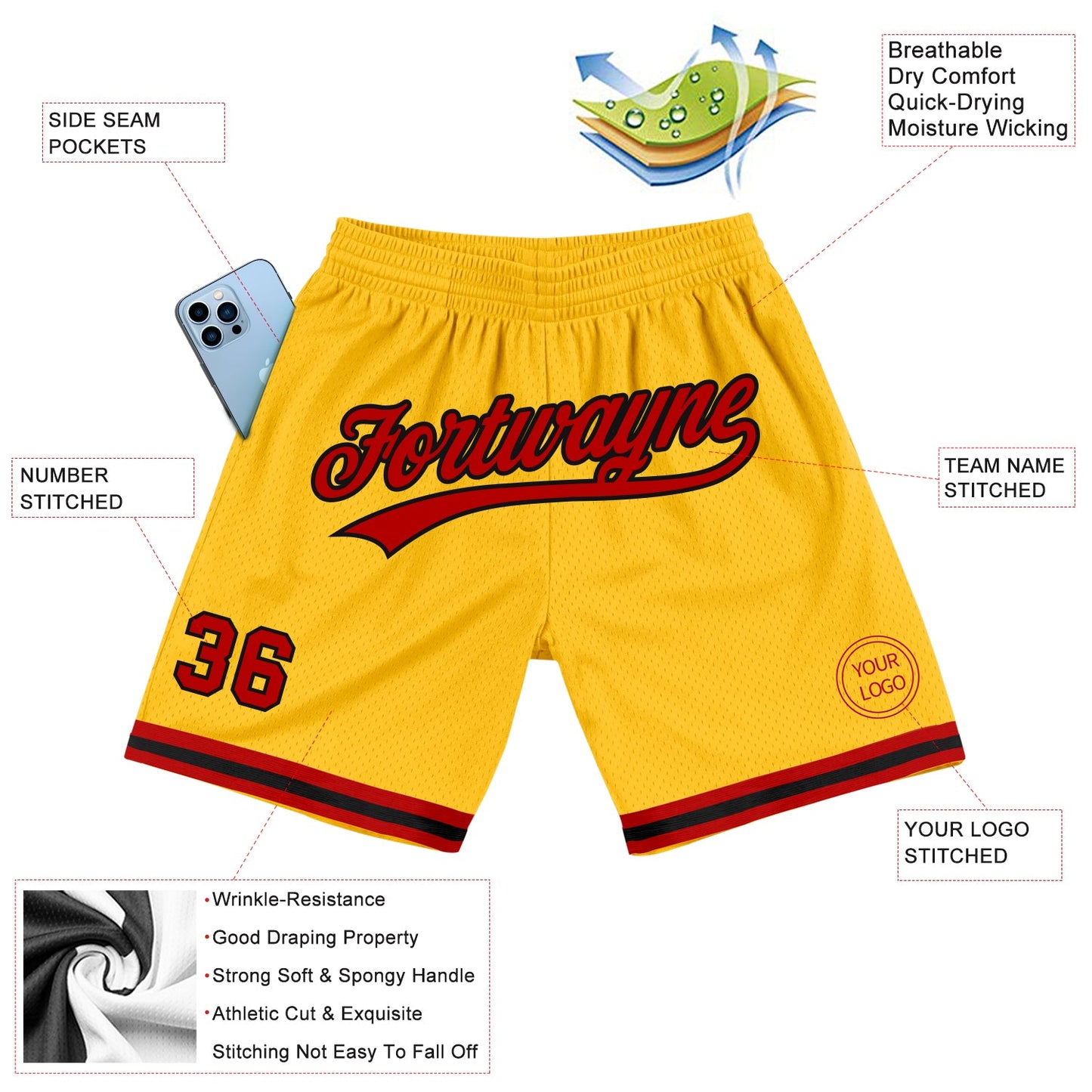 Custom Gold Red-Black Authentic Throwback Basketball Shorts view 2
