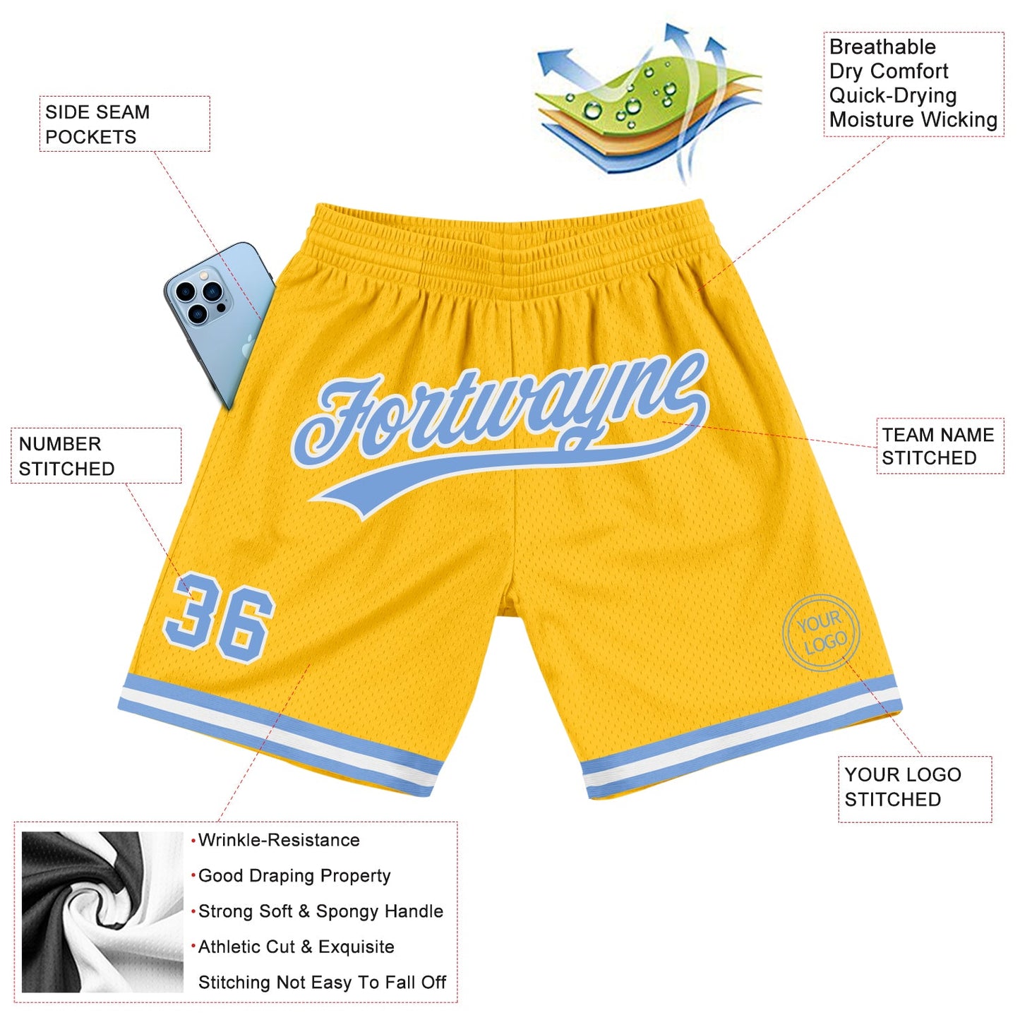 Custom Gold Light Blue-White Authentic Throwback Basketball Shorts view 2