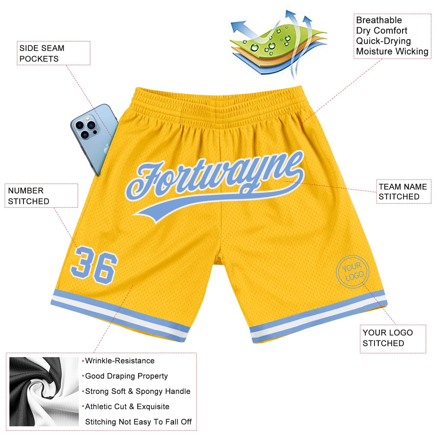 Custom Gold Light Blue-White Authentic Throwback Basketball Shorts view 2