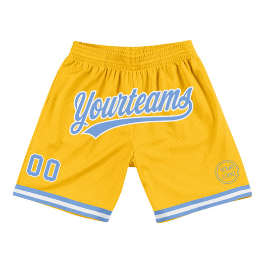 Custom Gold Light Blue-White Authentic Throwback Basketball Shorts - Main View