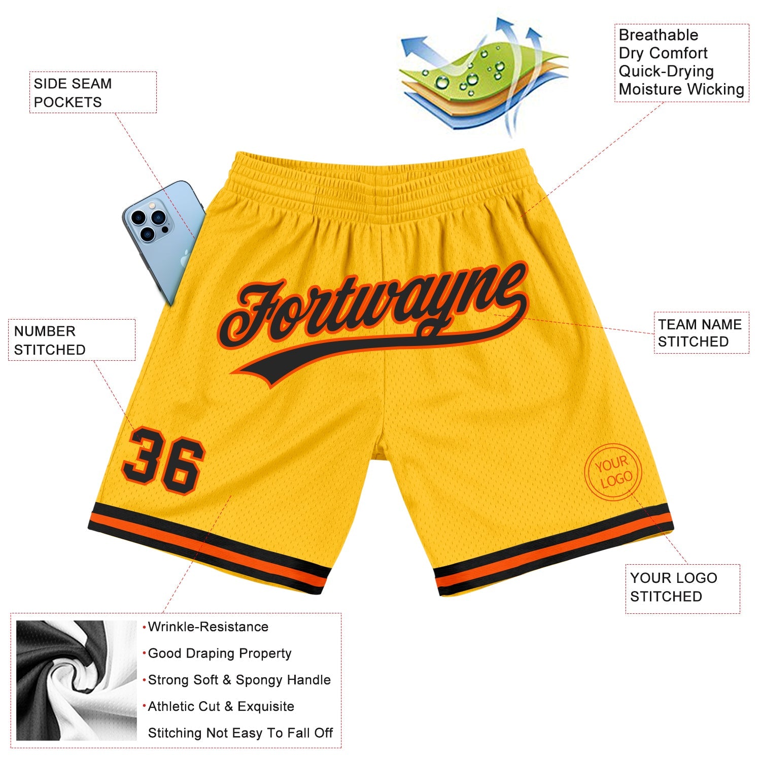 Custom Gold Black-Orange Authentic Throwback Basketball Shorts view 2