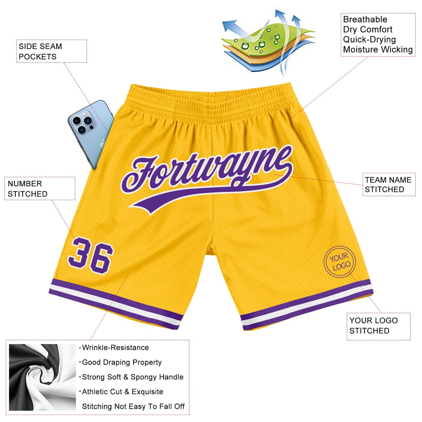 Custom Gold Purple-White Authentic Throwback Basketball Shorts view 2