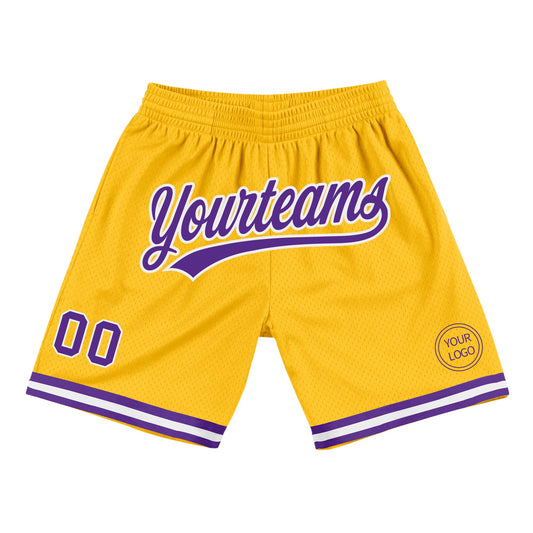 Custom Gold Purple-White Authentic Throwback Basketball Shorts - Main View