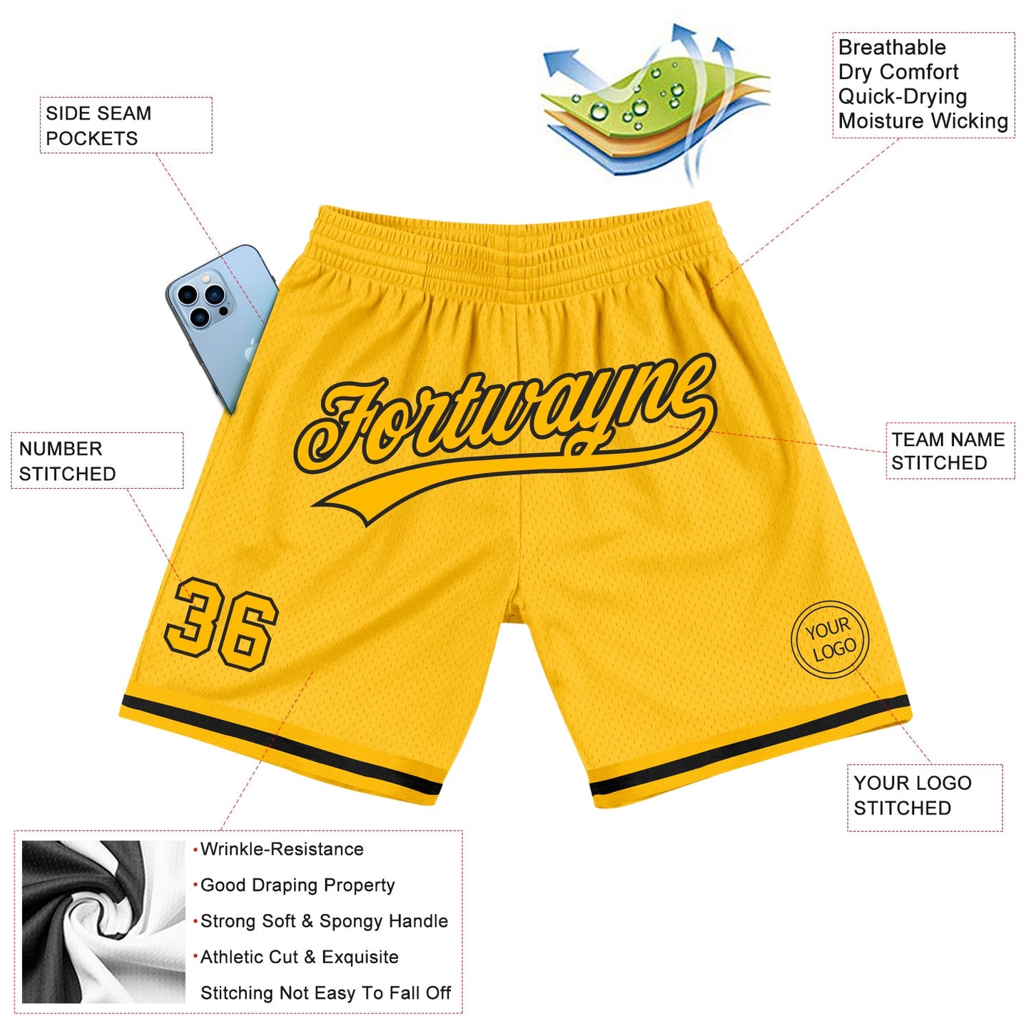 Custom Gold Black Authentic Throwback Basketball Shorts view 2
