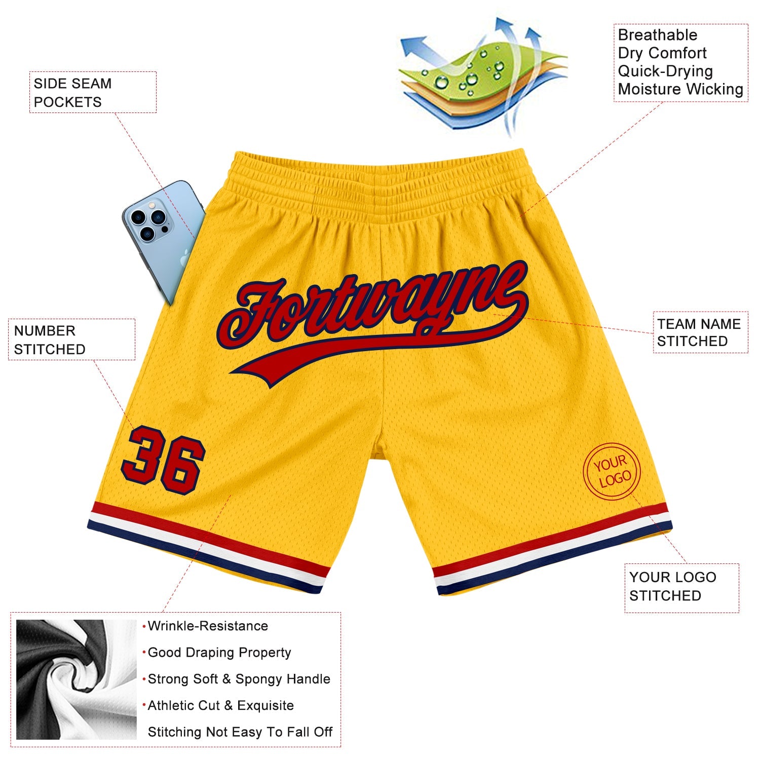 Custom Gold Red-Navy Authentic Throwback Basketball Shorts view 2
