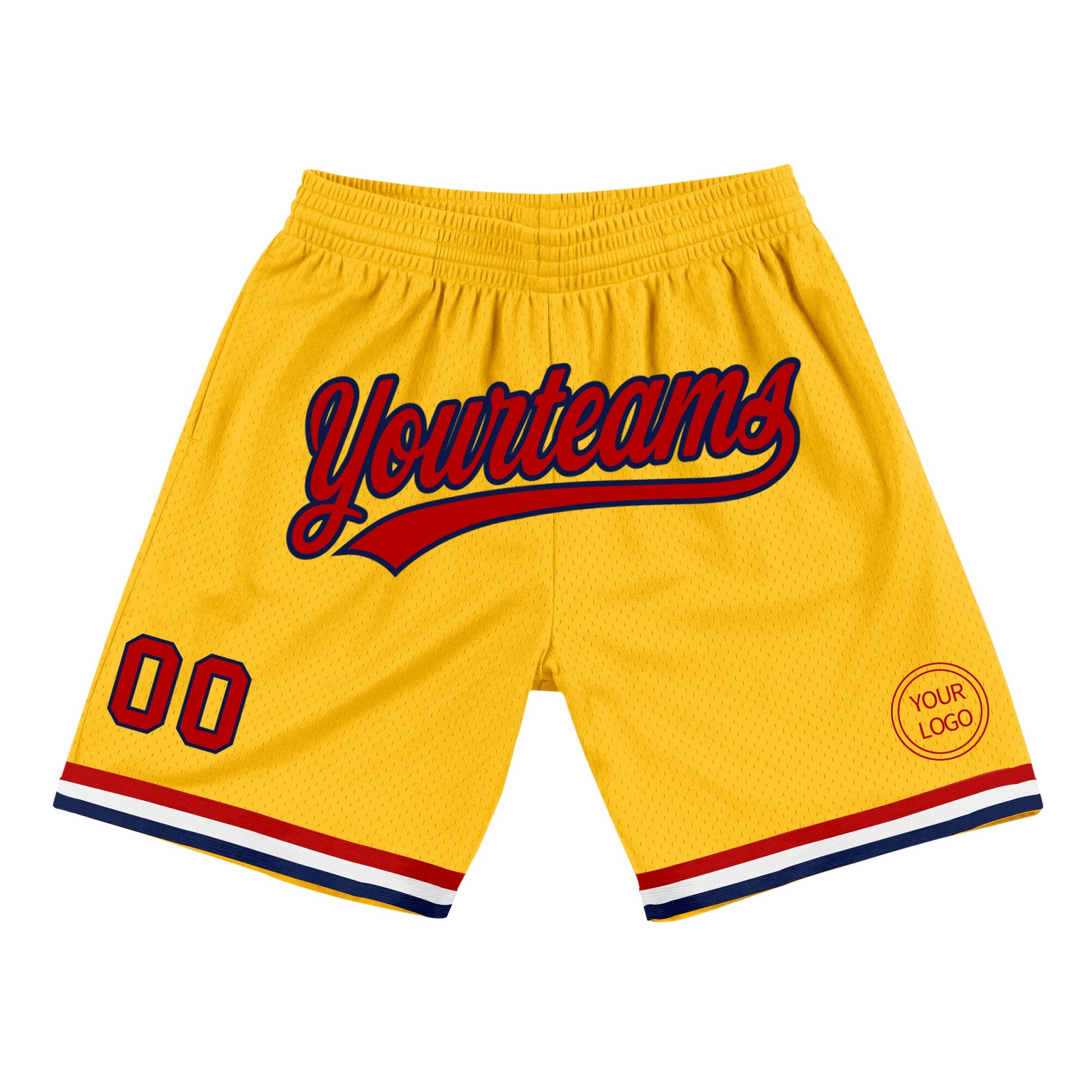 Custom Gold Red-Navy Authentic Throwback Basketball Shorts - Main View