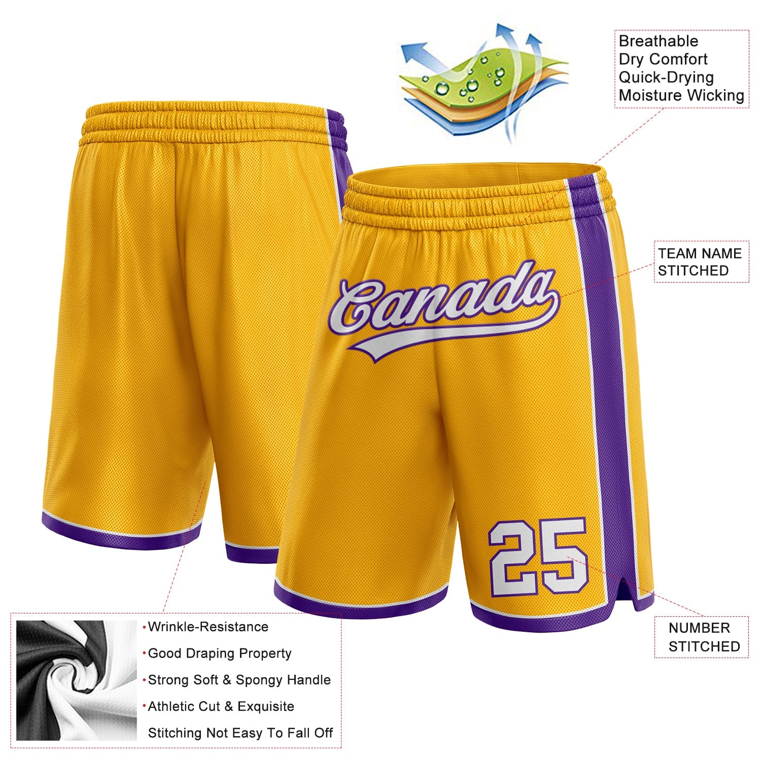 Custom Gold White-Purple Authentic Basketball Shorts view 2