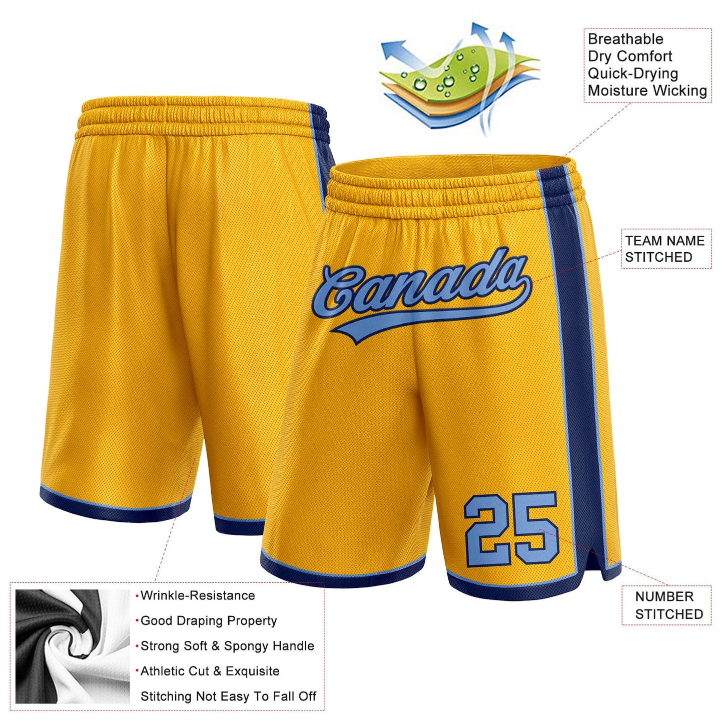 Custom Gold Light Blue-Navy Authentic Basketball Shorts view 2