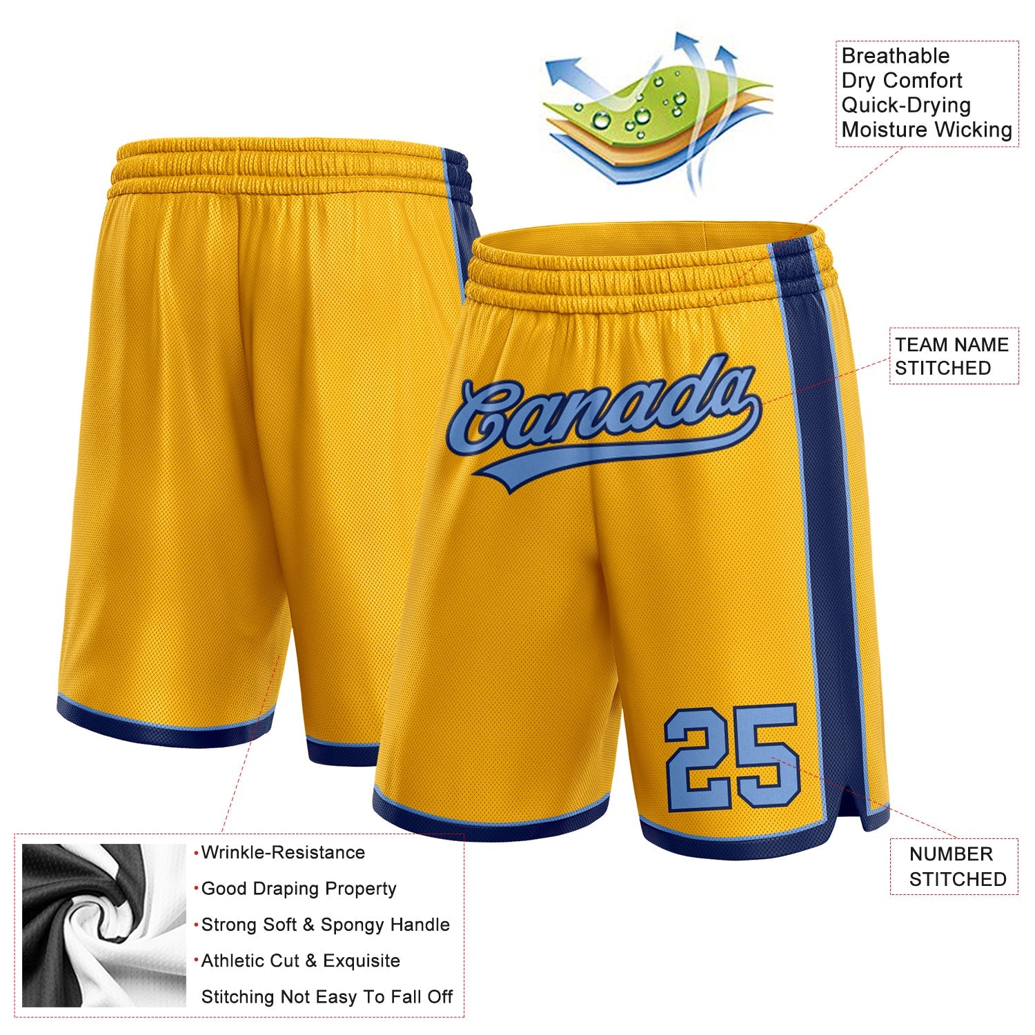 Custom Gold Light Blue-Navy Authentic Basketball Shorts view 2