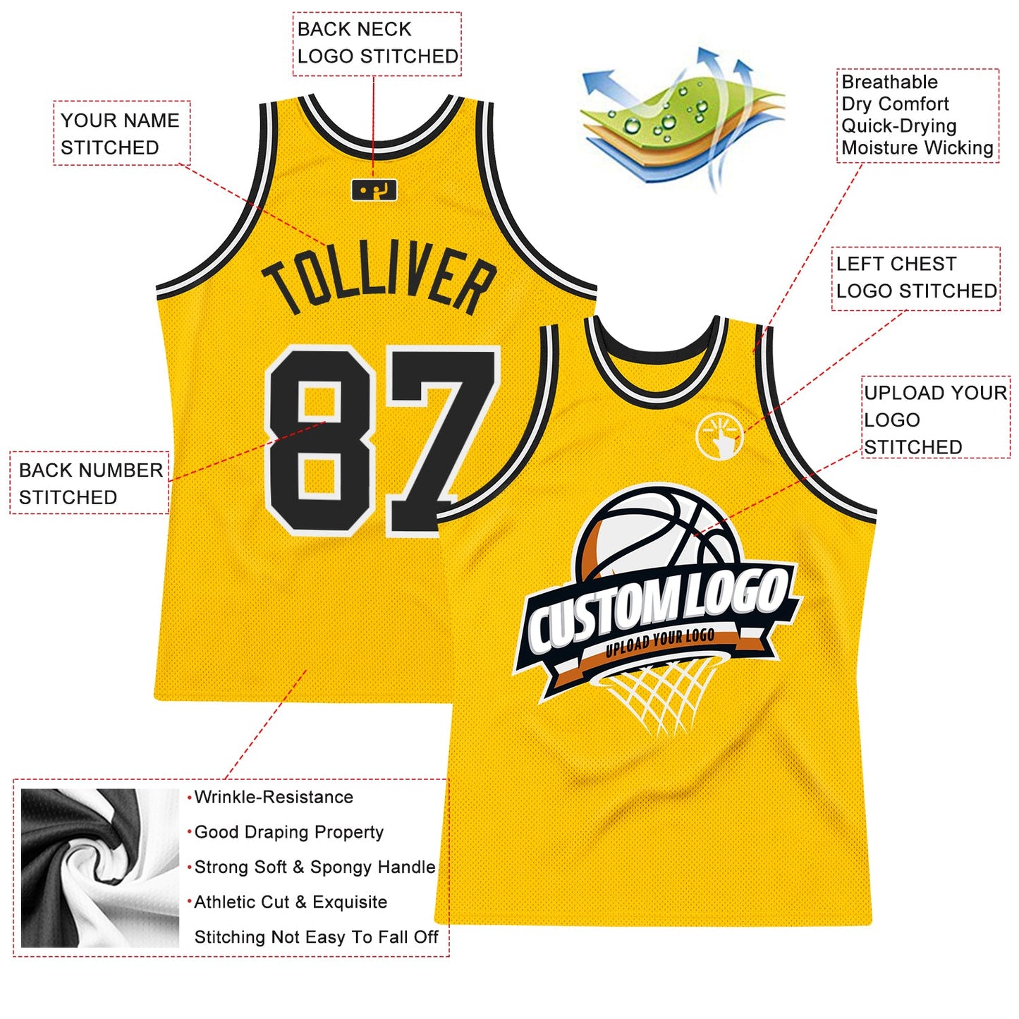 Custom Gold Black-White Authentic Throwback Basketball Jersey view 3