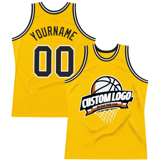Custom Gold Black-White Authentic Throwback Basketball Jersey - Main View
