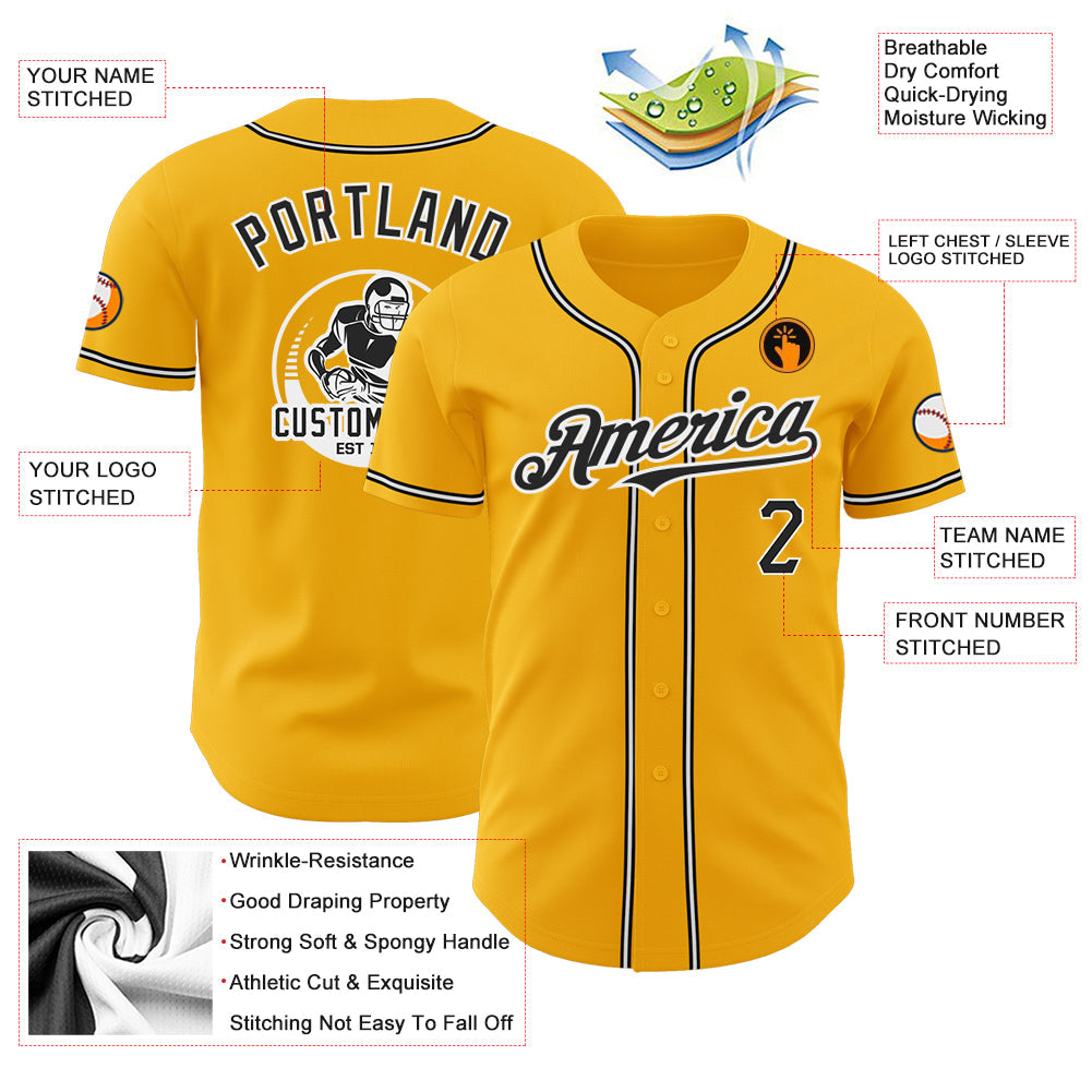 Custom Gold Black-White Authentic Baseball Jersey view 3