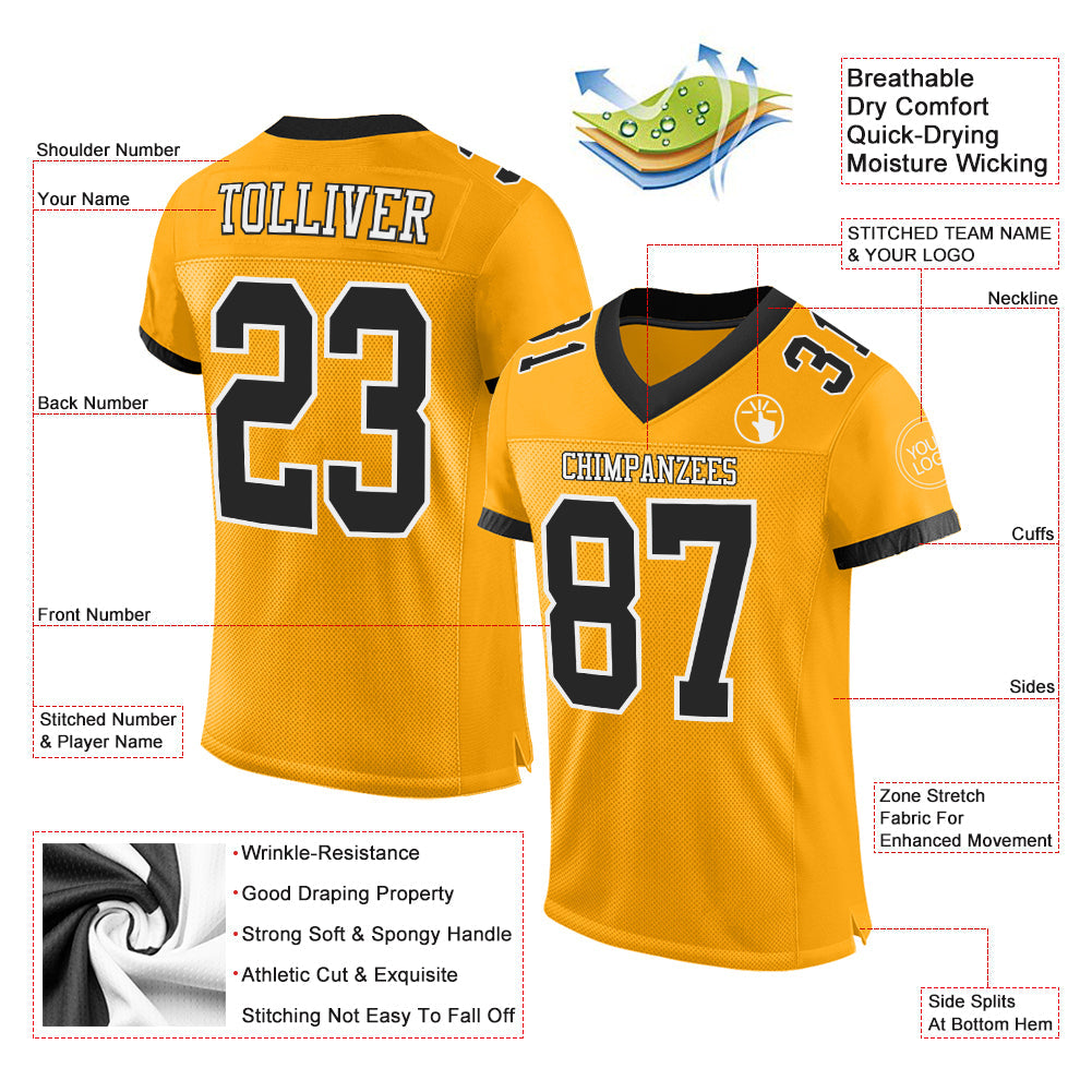 Custom Gold Black-White Mesh Authentic Football Jersey view 2