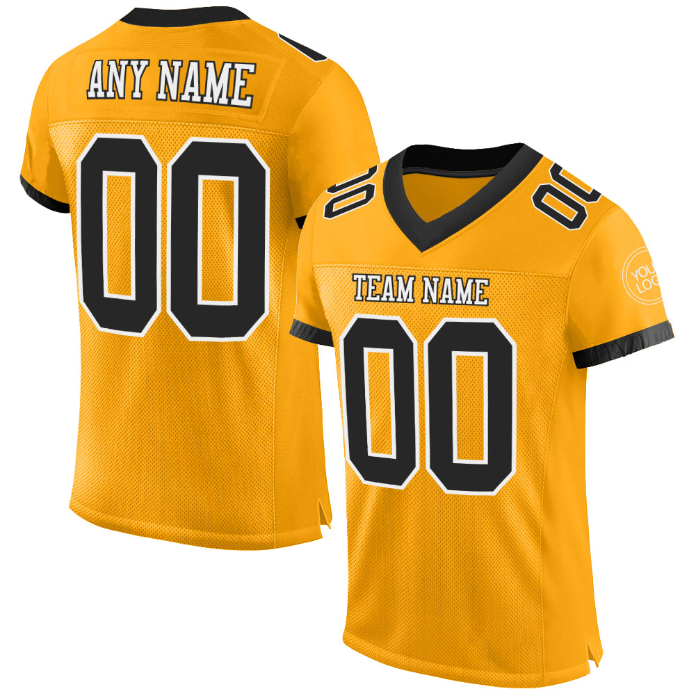 Custom Gold Black-White Mesh Authentic Football Jersey - Main View