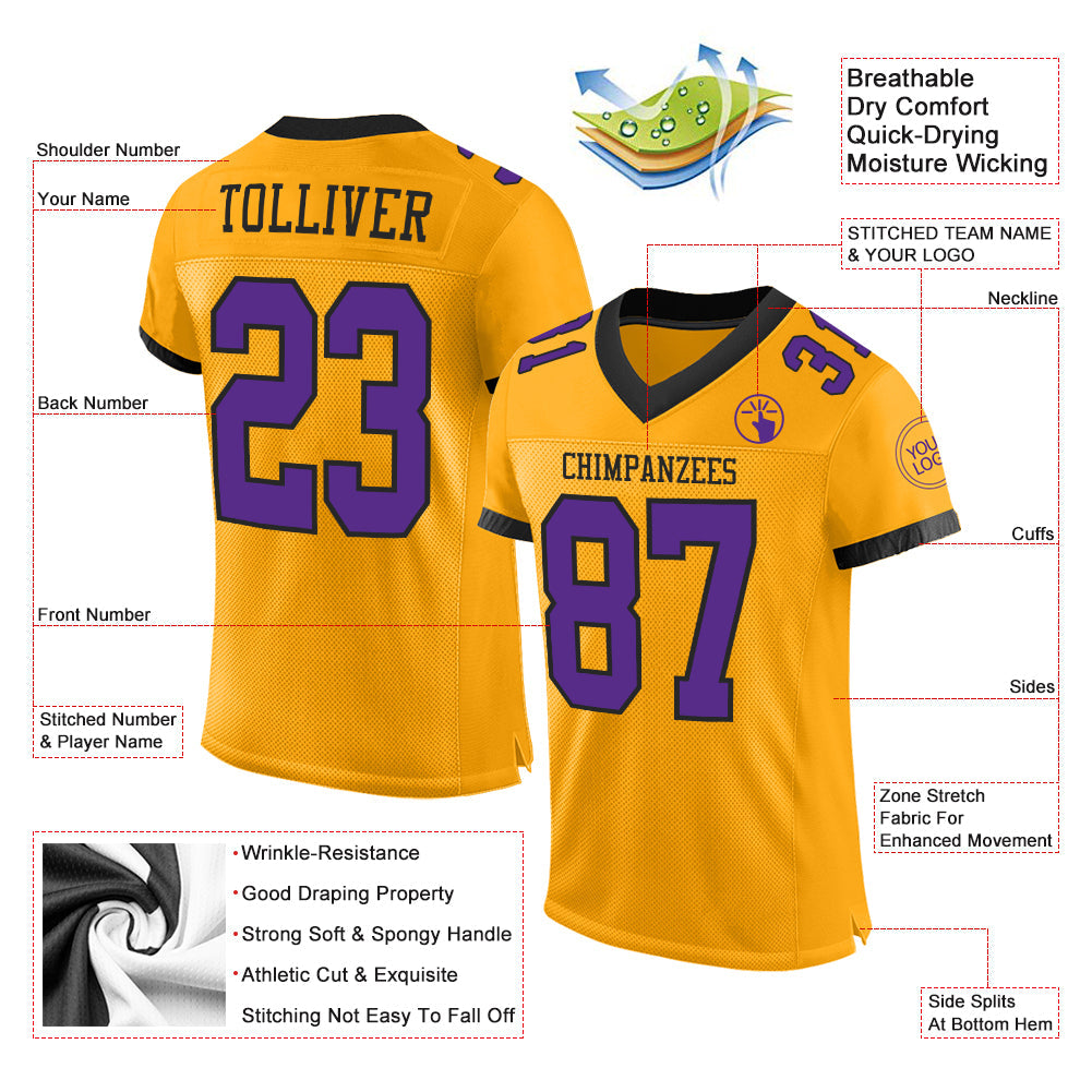 Custom Gold Purple-Black Mesh Authentic Football Jersey view 2