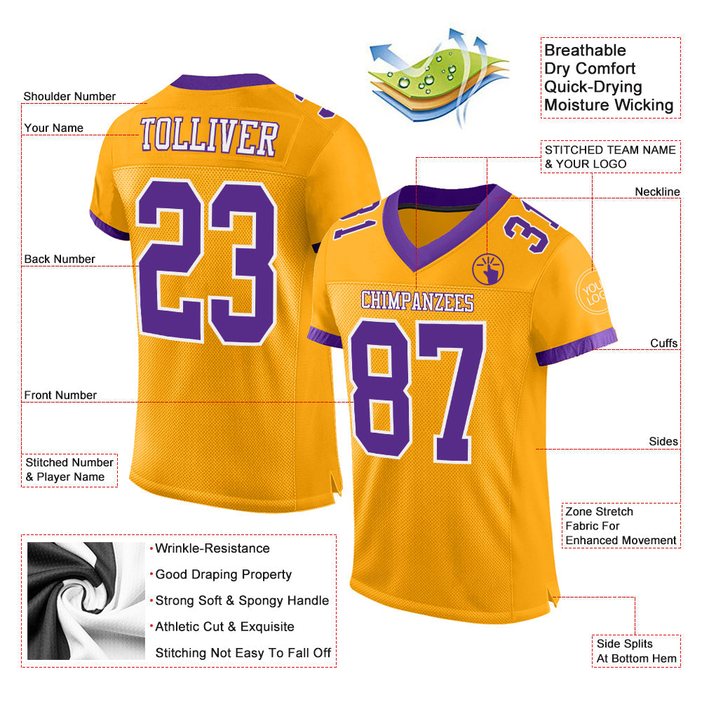 Custom Gold Purple-White Mesh Authentic Football Jersey view 2