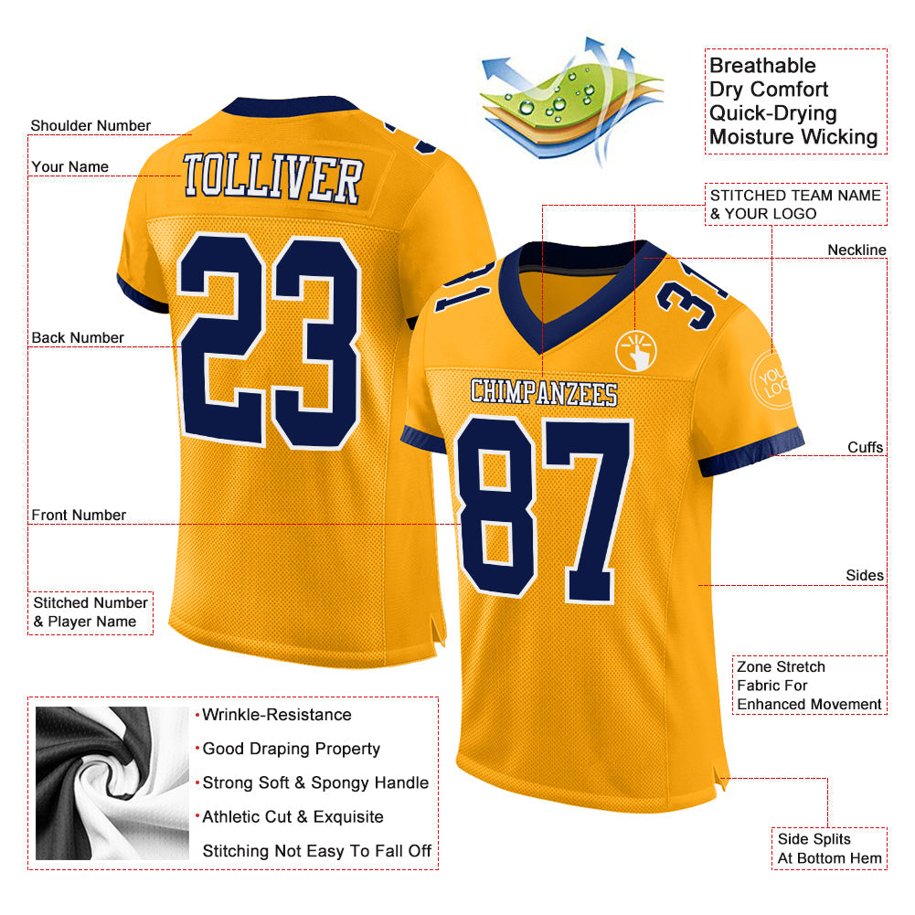 Custom Gold Navy-White Mesh Authentic Football Jersey view 2