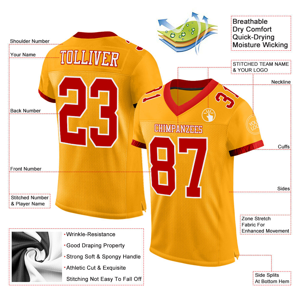 Custom Gold Red-White Mesh Authentic Football Jersey view 2