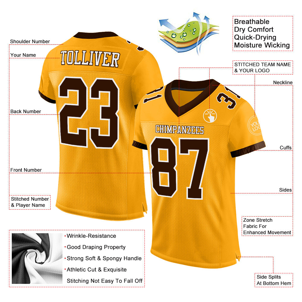 Custom Gold Brown-White Mesh Authentic Football Jersey view 2